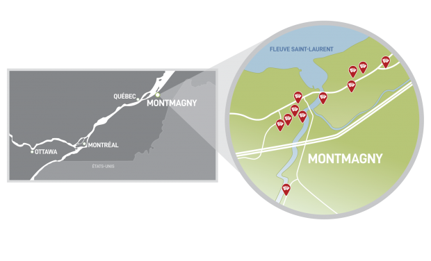 Black and white map showing part of Quebec and indicating the locations of major cities. A colour inset map shows Montmagny.