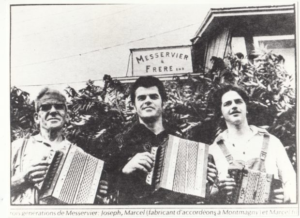 Black and white photograph taken outdoors, showing three generations of the Messervier family.