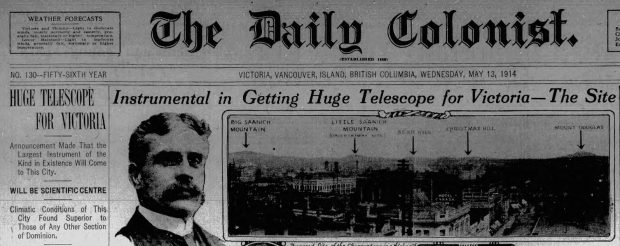 Front page of newspaper: Instrumental in Getting Huge Telescope for Victoria - The Site