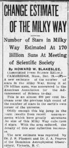 Newspaper article: Change estimate of the Milky Way. (New estimate of the Milky Way) The number of stars in the Milky Way is estimated at 170 billion suns at a scientific society meeting.