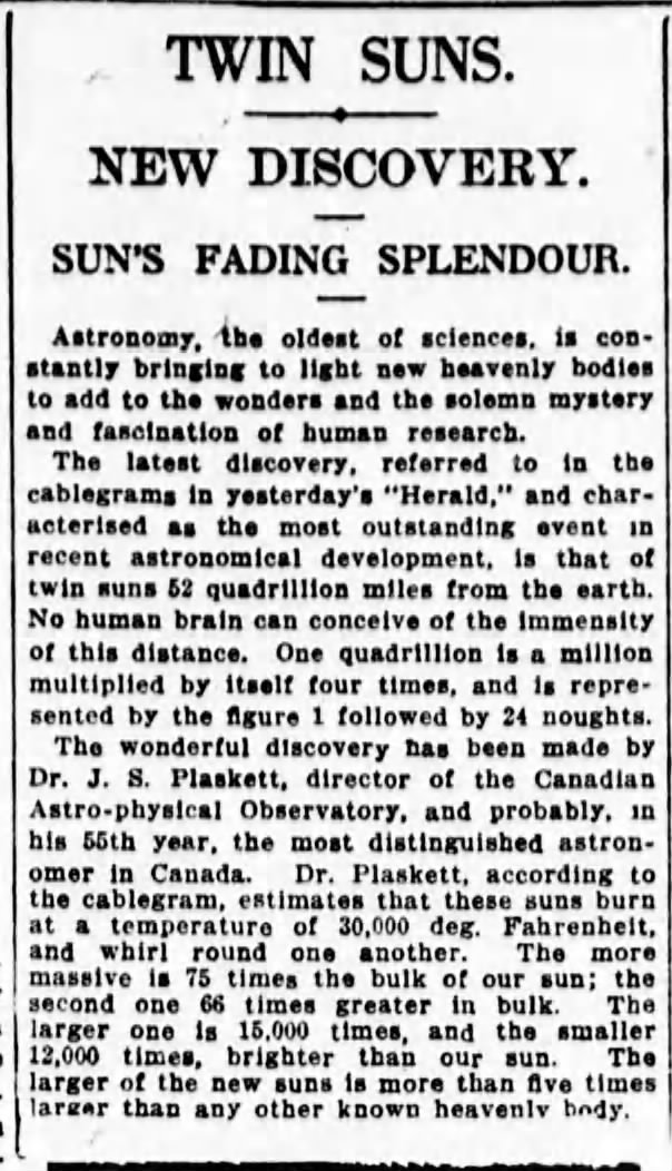 Newspaper article: TWIN SUNS. NEW DISCOVERY. SUN'S FADING SPLENDOUR