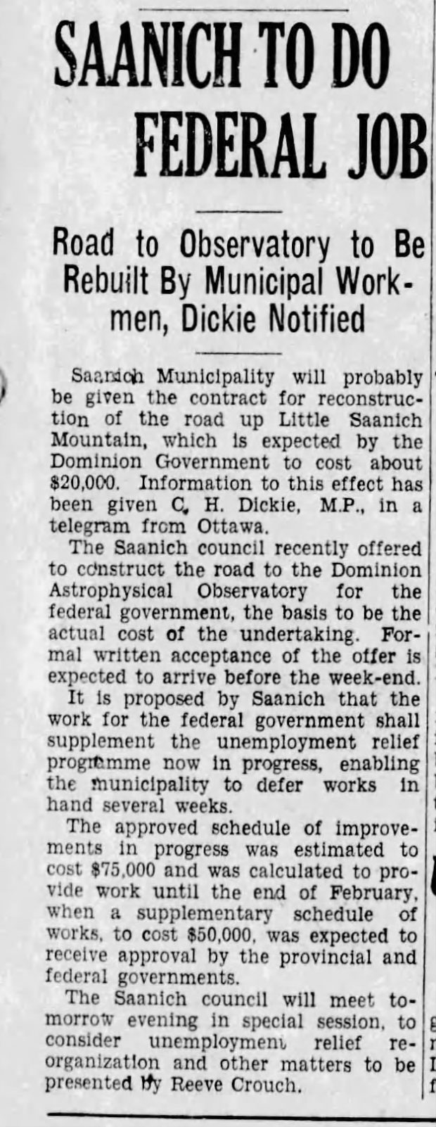 Newspaper article - SAANICH TO DO FEDERAL JOB Road to Observatory to Be Rebuilt By Municipal Work-. men