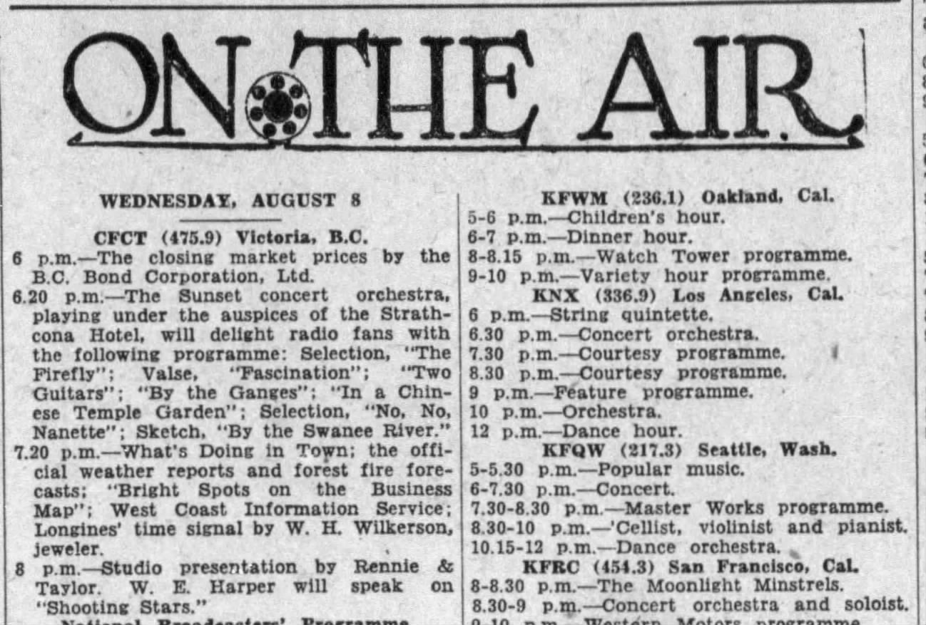 Newspaper listing: On the Air. Wednesday, August 6