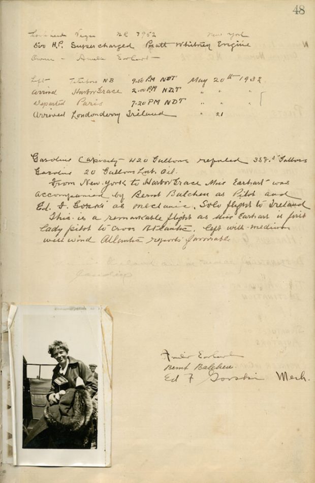 A yellowed, handwritten document from airstrip logbook documenting Amelia Earhart's flight details.