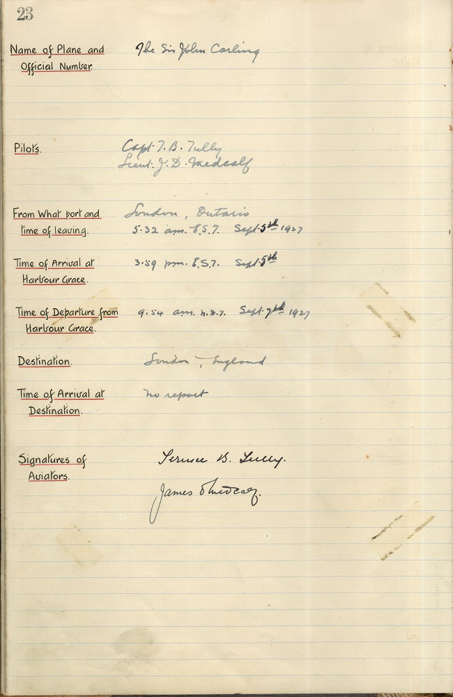 A yellow and faded, handwritten page from the airport logbook listing flight details for the Sir John Carling aircraft.