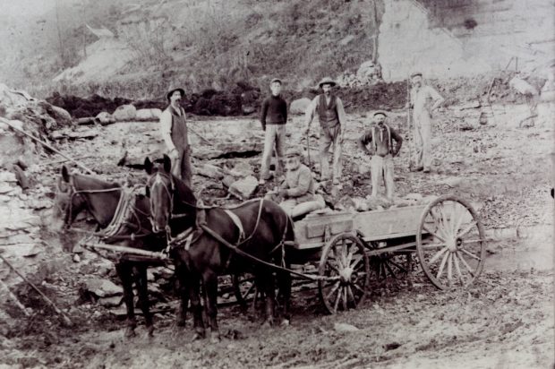 A man sits on a cart pulled by two horses while 5 men stand in the background.