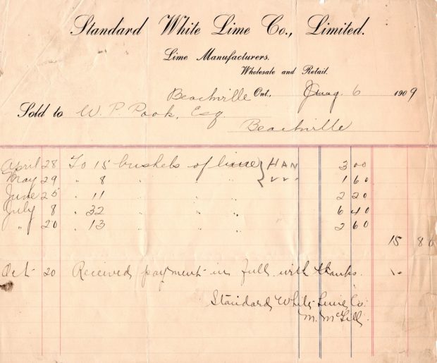 A handwritten receipt with dates ranging from April 28th to October 20th in a left-hand column - The cost for bushels of lime on these dates is calculated to $15.80 and dated to August 6th, 1909.