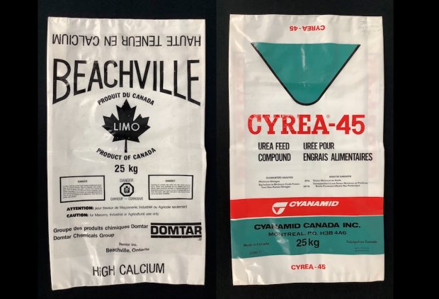 Two 25 kilogram shipping bags positioned side by side -The one the left reads Beachville Limo. The one on the right reads Cyrea-45.