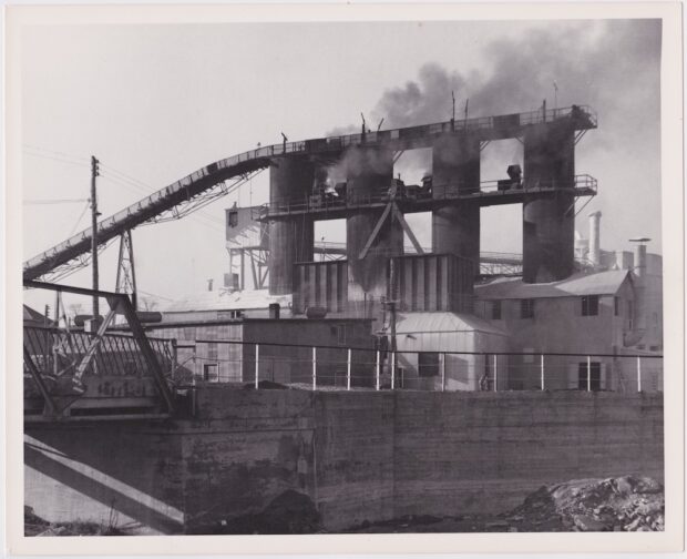 Black and white image of vertical shaft kilns