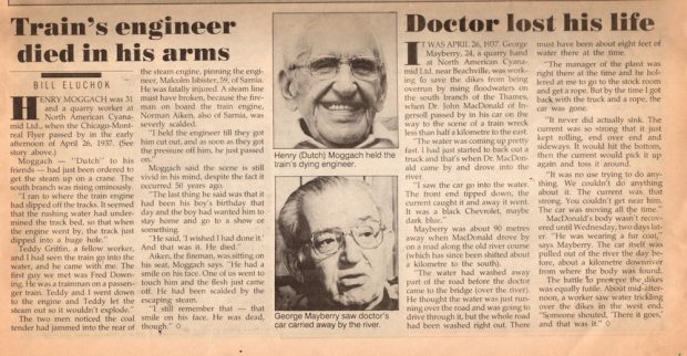 A newspaper clipping with two articles and two portraits of older men