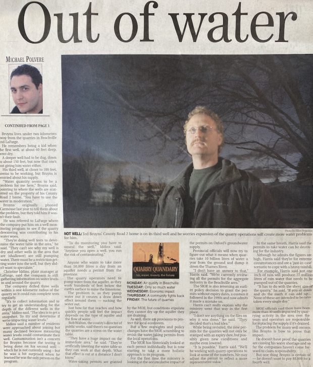 A newspaper clipping, titled Out of water, with a primary image of a man standing outside and looking into the distance