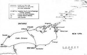 an outline map showing Lake Ontario and the St. Lawrence River as far east as Cornwall. A dotted line shows the route of the Ontario Car Ferry Company ferries between Cobourg, Ontario and Rochester, New York.