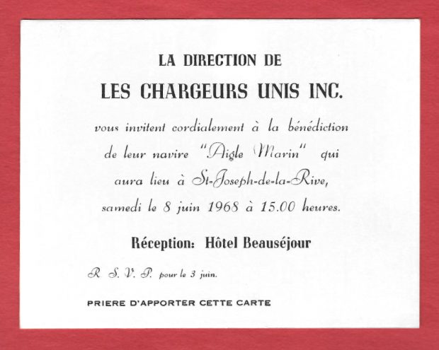 Invitation to the blessing ceremony of a ship. The date, time and place of the reception are written on the card. The card is white with black lettering and laid on a red backdrop.