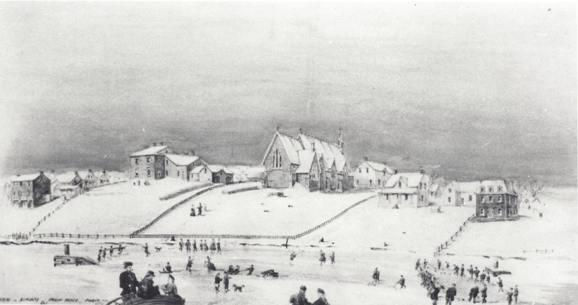 Black and grey pencil drawing of buildings in the winter across from the river where people are skating.