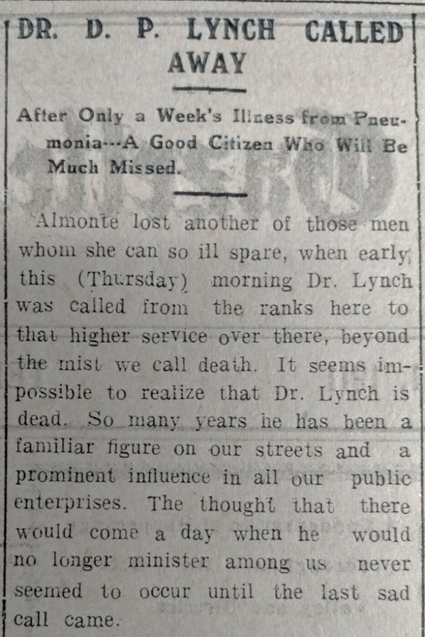 Newspaper article titled Dr. D. P. Lynch Called Away, referring to the death of doctor Denis Patrick Lynch.