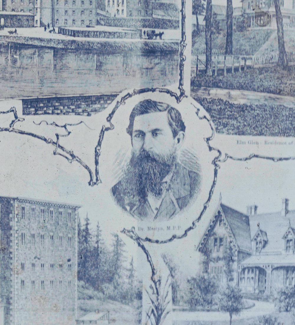 Black and white etched drawing of Doctor William Mostyn surrounded by a collage of buildings and streetscapes around Almonte. He is wearing a white shirt and dark suit. He has a beard and neatly styled hair.