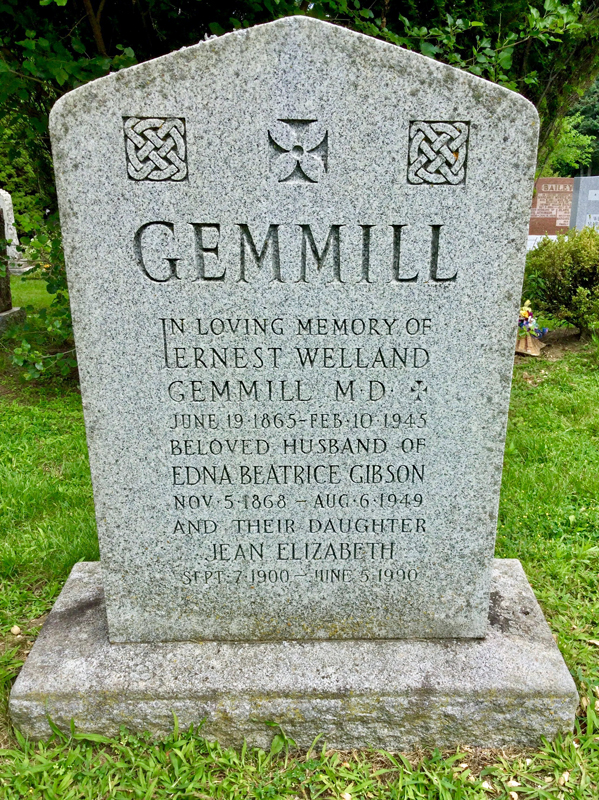 Colour photograph of Doctor Ernest Welland Gemmill’s tombstone in Park Lawn Cemetery, Toronto