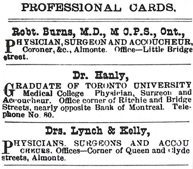 Advertisement for Dr. Hanly in the Almonte Gazette.