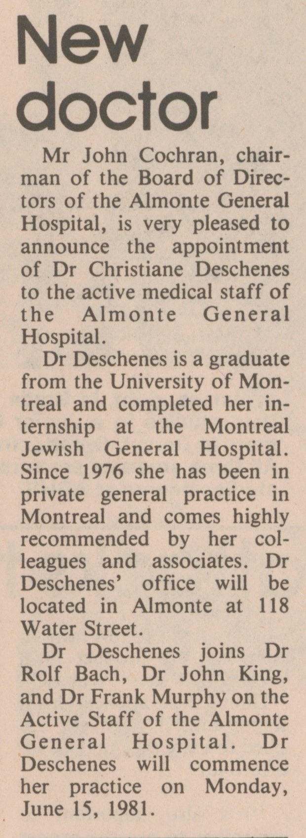 Newspaper clipping in the Almonte Gazette about Dr. Christiane Deschenes joining the staff of the Almonte General Hospital.