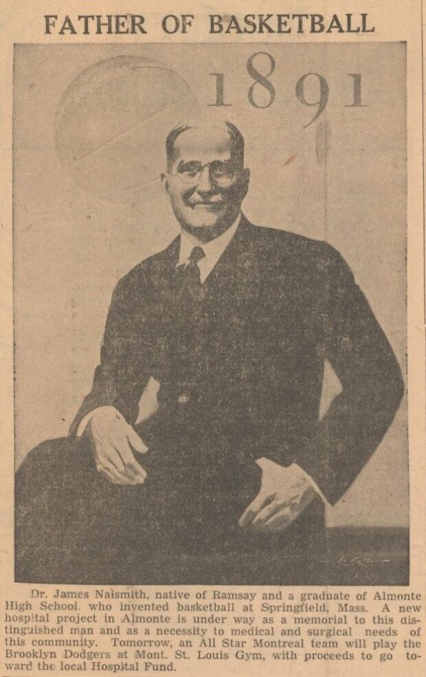 Newspaper clipping with a black and white image of a basketball and a man with glasses wearing a suit.