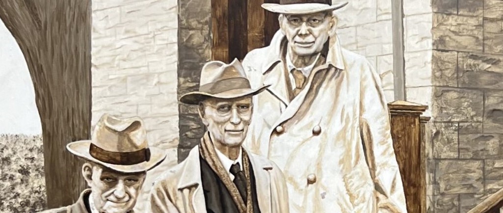 Colour photograph of a painted mural outside the Almonte General Hospital that features three doctors in front of the Rosamond Memorial Hospital. The doctors are J.F. Dunn, A.A. Metcalfe and J.K. Kelly.