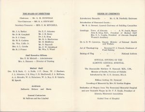 Colour photograph of a program for the opening of the Almonte General Hospital.