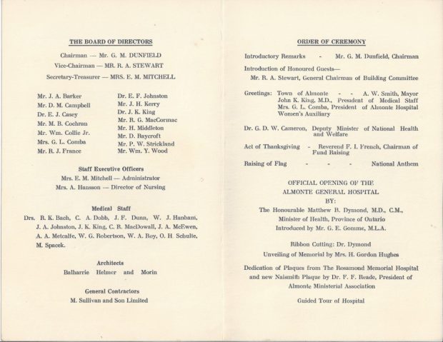 Colour photograph of a program for the opening of the Almonte General Hospital.