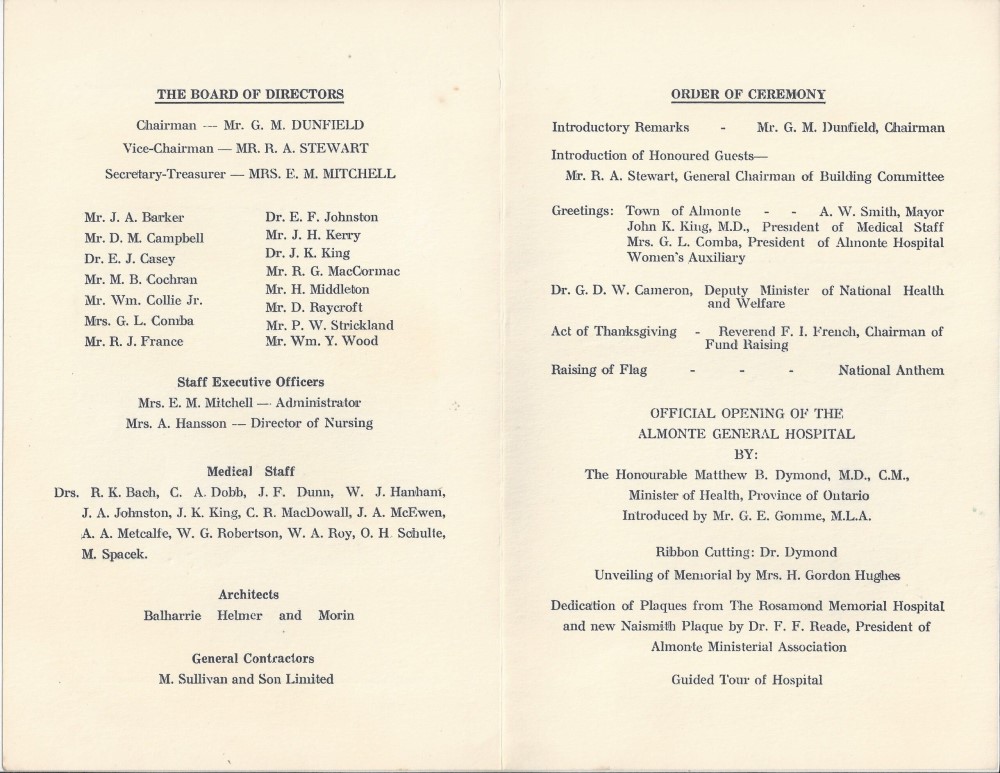 Colour photograph of a program for the opening of the Almonte General Hospital.