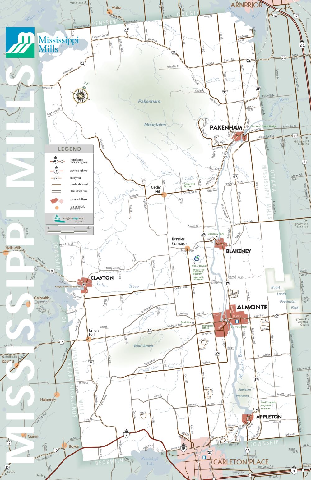 Colour map of the town of Mississippi Mills with the communities of Pakenham, Blakeney, Almonte, Clayton and Appleton.