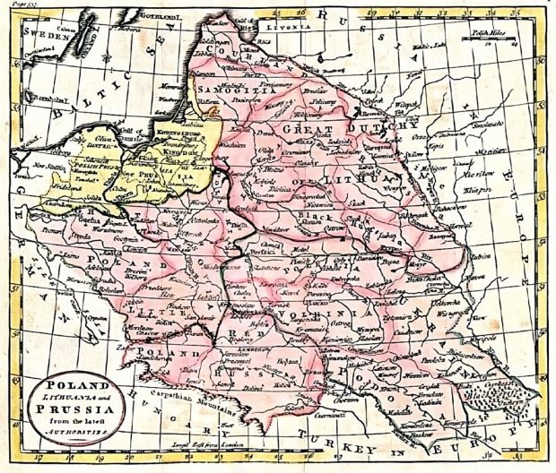 Antique map showing the Grand Duchy of Lithuania within Poland and Prussia. In the left bottom corner of the map is the title: POLAND LITHUANIA and PRUSSIA from the latest AUTHORITIES.