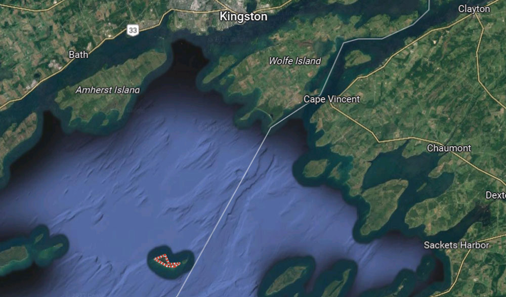 Map of the east end of Lake Ontario. Duck Island is south and west of Kingston.