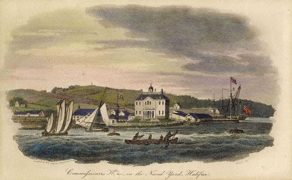 A coloured print of a view of building in the harbour, with an anchored ship, hill in the background and sailing vessels in the foreground. At the bottom is written in script: Commissioners House in the Naval Yard, Halifax.