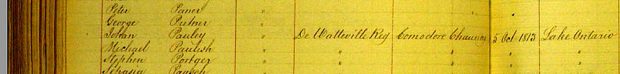 An excerpt of a list of Prisoners of War captured by the United States in the War of 1812.   This particular entry is for Michael Paulus, captured near Duck Island by Commodore Chauncey's fleet. It is handwritten in neat script and lists his name, date of capture and how he was captured.