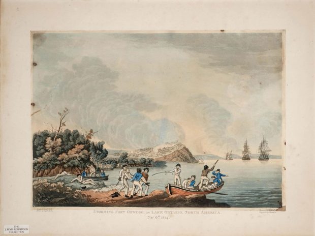 Slightly foxed coloured etching of British soldiers carrying injured men to a rowboat on the shore of Lake Ontario in the foreground, while, on a hill,British troops overwhelm the American Fort Oswego in background. Printed at the bottom left: Drawn by Capt. Steele. Bottom centre: Storming Fort Oswego on Lake Ontario, North America. May 6th, 1814. Bottom left is imprinted with: J. Ross Robertson Collection.