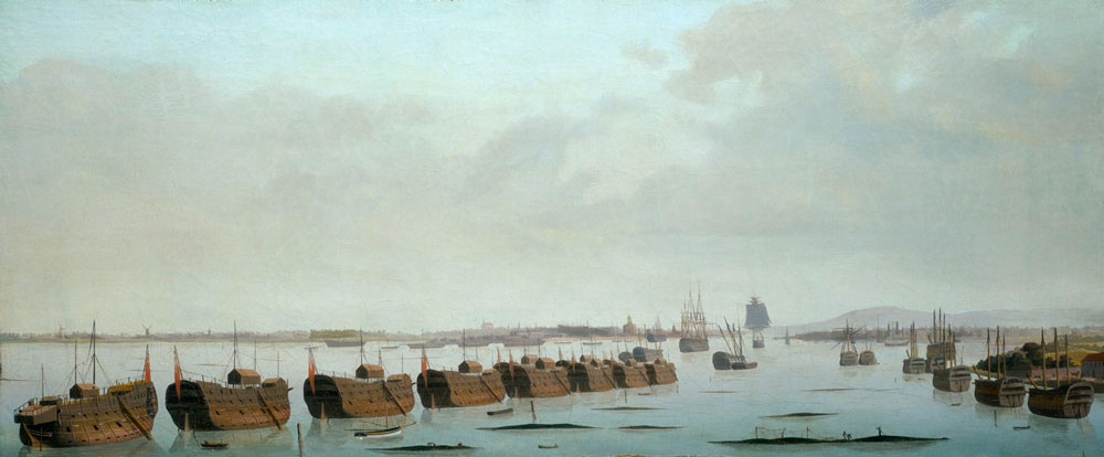 Panoramic painting of lines of old prison hulk ships anchored in Portsmouth Harbour.