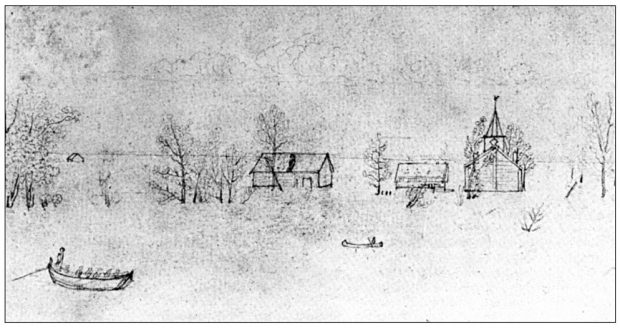 A rough black and white pencil sketch of a vast flooded land. Boats and and canoes in front of flooded houses, trees and a church with steeple.