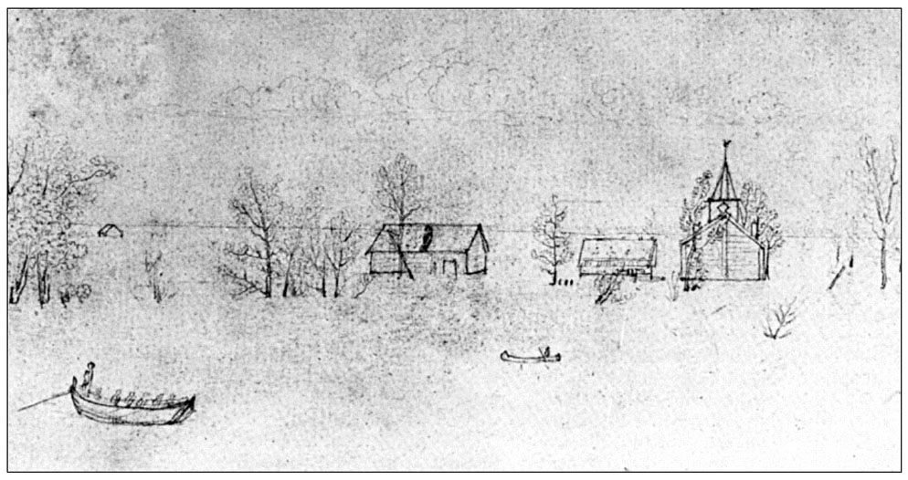 A rough black and white pencil sketch of a vast flooded land. Boats and and canoes in front of flooded houses, trees and a church with steeple.