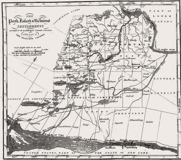 A black and white map showing rivers, lakes, surveyed townships and roads. At top left, in a block of mixed print is written: The Perth, Lanark and Richmond SETTLEMENTS, DISTRICT OF UPPER CANADA, with part of THE ADJACENT COUNTRY