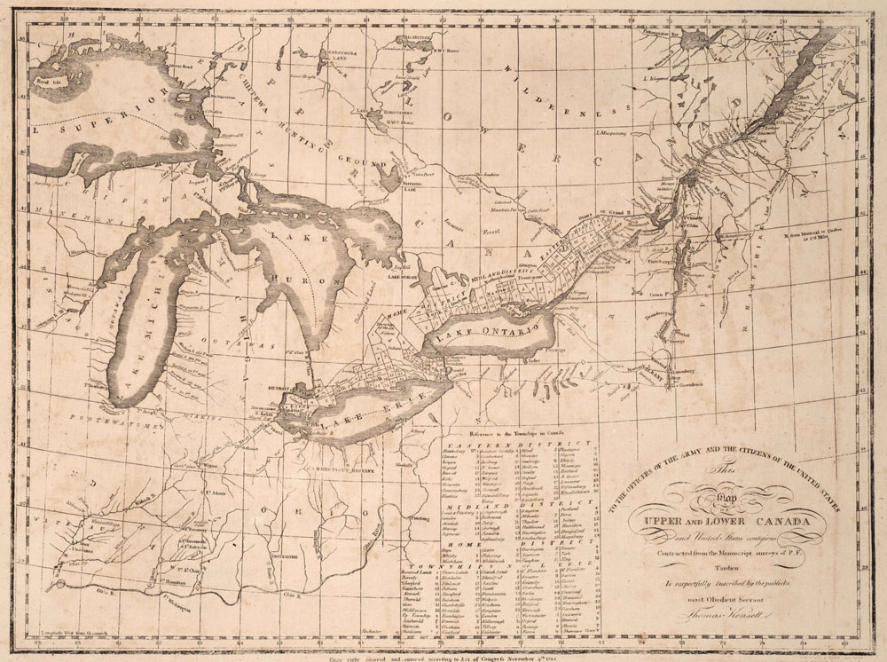 A vintage sepia map of Canada displaying townships, indigenous villages and state of the land (forested or unsurveyed).