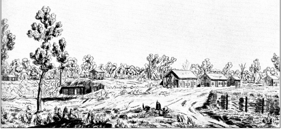 Black and white rough pencil drawing of small trees and cabins behind log fences. A rutted dirt track runs by the settlement.