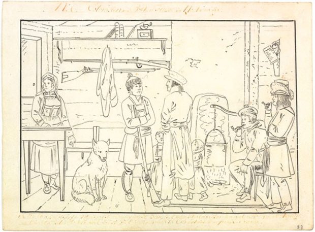 A black and white line drawing of several people around a hearth inside a wooden cabin.The figures include a Red River settler in discussion with a former soldier while a woman, dog and others look on.The top and bottom of the drawing are inscribed with faeded undecipherable red ink, possibly a key to the individuals in the image.