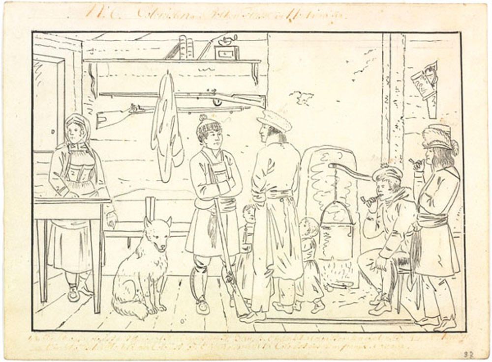 A black and white line drawing of several people around a hearth inside a wooden cabin.The figures include a Red River settler in discussion with a former soldier while a woman, dog and others look on.The top and bottom of the drawing are inscribed with faeded undecipherable red ink, possibly a key to the individuals in the image.