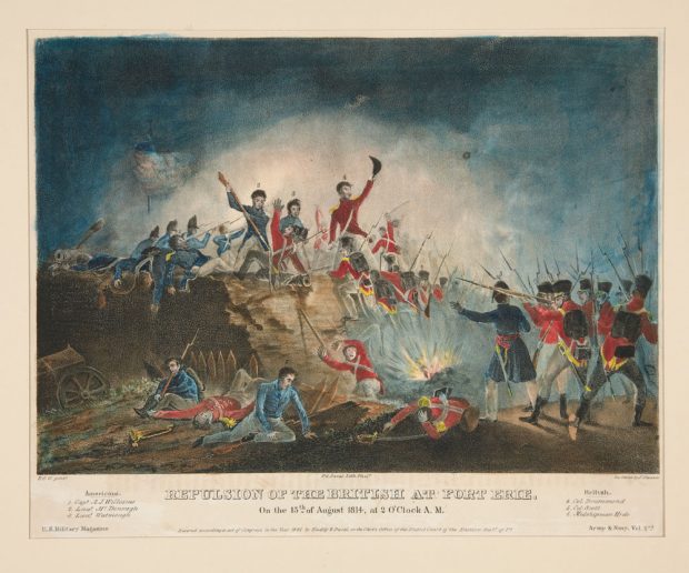 Vintage coloured lithograph of roughly drawn American and British soldiers. The British are attacking up the rampart and are being repulsed by the Americans at the top. Wounded soldiers are at the base of the wall. At the bottom of the picture is printed: Repulsion of the British at Fort Erie. On the 15th of August 1814, at 2 O'Clock A.M. U.S. Military Magazine, Army and Navy, Vol 2nd. On the left side of the picture some Americans are identified by numbers over their heads: Capt. A.J. Williams, Lieut. McDonough, Lieut. Watmough. On the right are listed some British: Col. Drummond, Col. Scott, Midshipman Hyde.