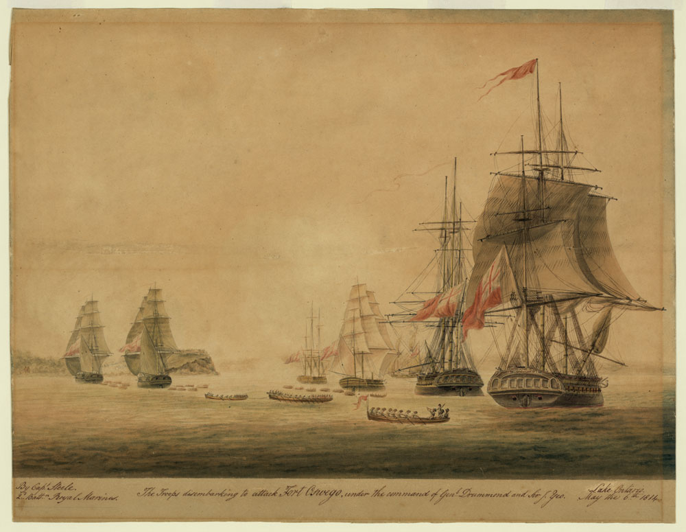 A sepia and red drawing shows British sailors leaving their ships and rowing toward Fort Oswego on Lake Ontario during the War of 1812. Handwritten at bottom left: By Capt Steele, 2nd Battln Royal Marines. Bottom centre: The Troops disembarking to attack Fort Oswego under the command of Genl Drummond and Sir J. Yeo. Bottom right: Lake Ontario, May the 6th 1814.