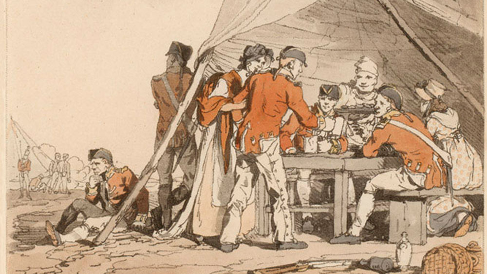 A period coloured cartoon of soldiers and a woman in 1812 dress seated at a table in the open door of a tent. Other soldiers lounge nearby.