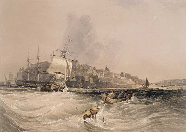 Vintage watercolour looking at the city of Quebec from a rough sea. A man is attempting to row a small boat past a floating log. Many sailing ships are coming into the harbour.