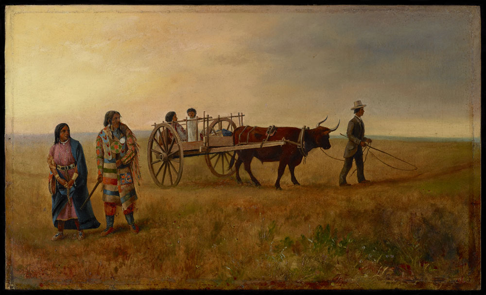 Man in a tall hat and settler's suit is leading a long-horned bullock drawing a Red River Cart. Two people are riding in the cart. A woman in a pink dress with a blue blanket/shawl and a man in a coat made from a multiistriped blanket watch as the cart passes by. The woman is wearing beaded low moccasins, a belt and bracelets. The man is wearing high moccasins and red pants.