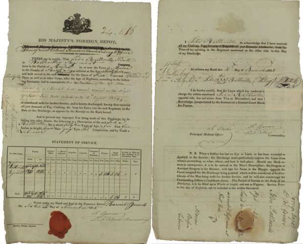 Front and back of a document with details filled in by quill pen. Red wax seal at the bottom.