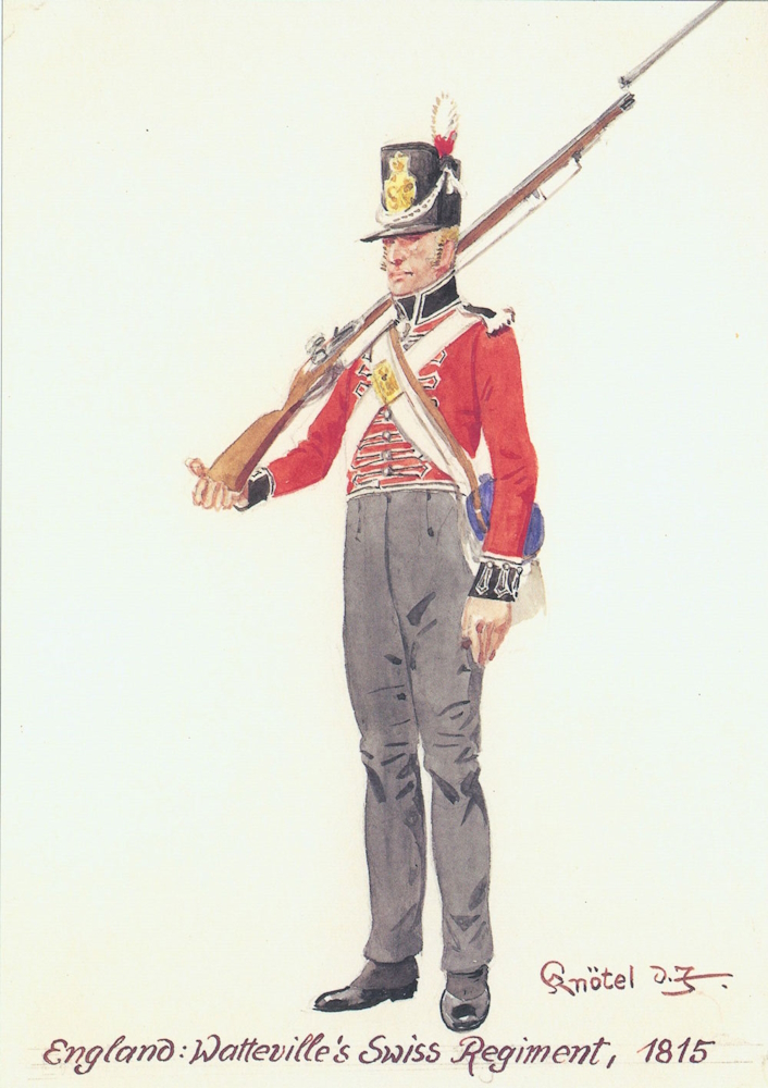 A coloured lithograph documenting a private soldier of the de Watteville Regiment in 1815 uniform. He has a black shako hat with a red and white plume, red jacket, gray pants and holds his long musket on his shoulder.