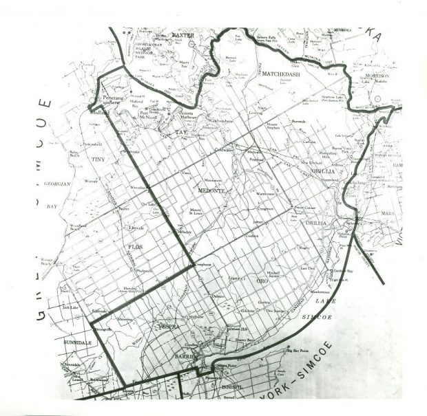 Black and white photocopy of the 1966 North Simcoe Electoral District Map. Thick black bordered area includes Orillia, Lake Simcoe, Barrie, Oro, Medonte, and Matchedash.